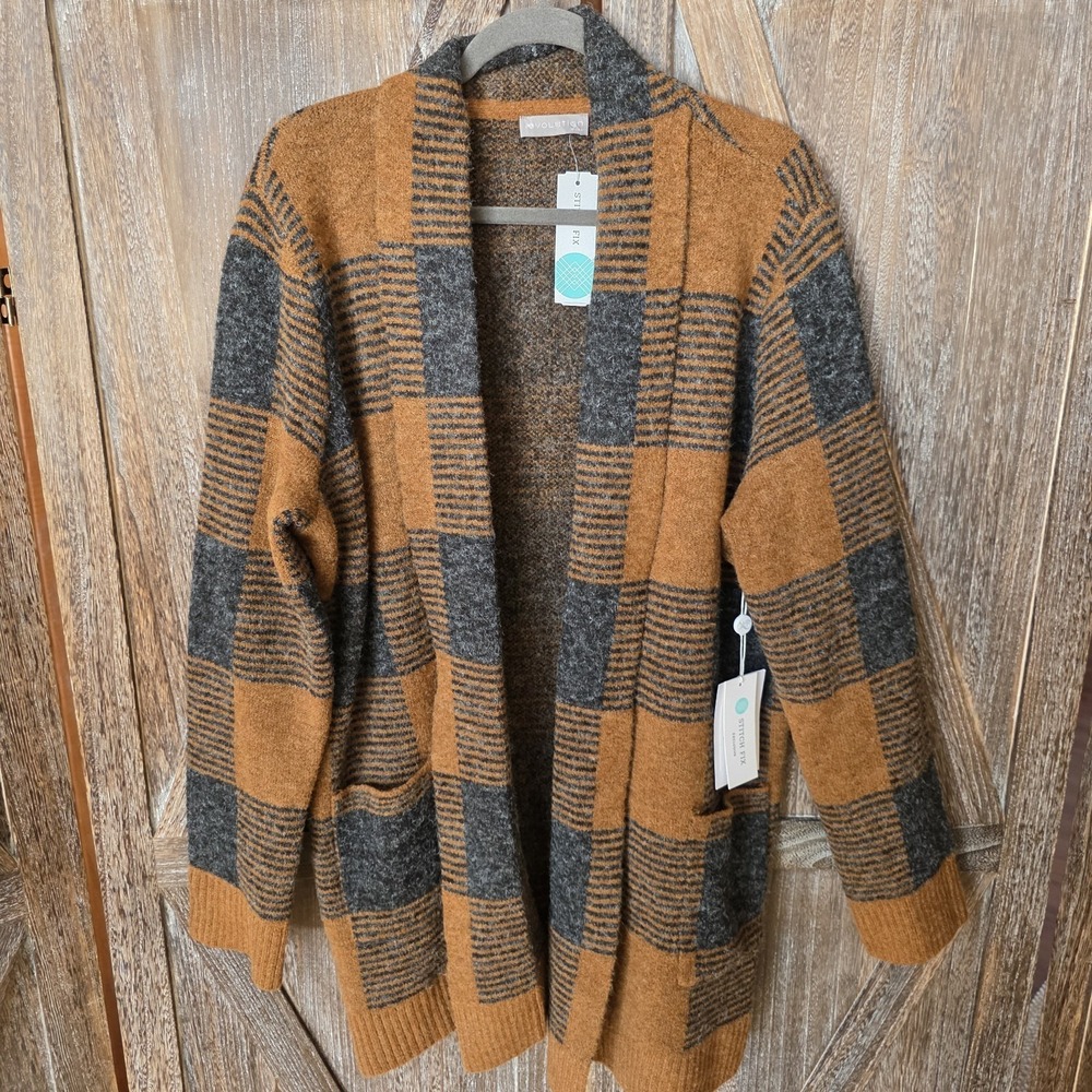 Evolution by Cyrus Sweater Women's Size XXL Brown‎ & Black Plaid Open Cardigan